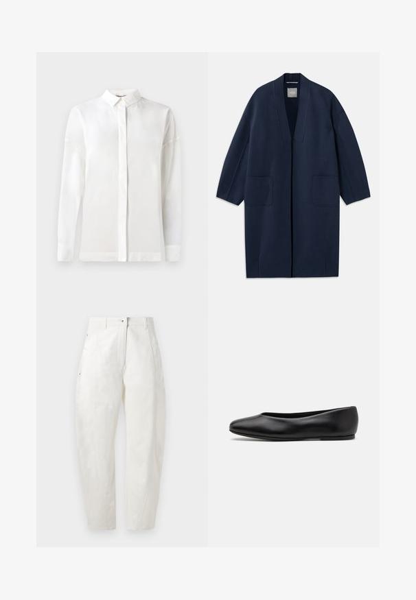 Mornariće plavi dugi kaput s labavim krojem, širokim rukavima, V-izrezom i dva prednja džepa. Izrađen od glatkog, teksturiranog materijala.; Bijela košulja s dugim rukavima i dugmadi na ovratniku, glatke teksture, ravnog kroja i skrivenim gumbima. Mekani, lagani materijal bez uzoraka.; Bijele pamučne hlače slobodnog kroja, s kopčanjem na dugme, bočnim džepovima i suptilnim detaljima šivanja uz šavove.; Paul Smith TOPANGA - Balerinke - black