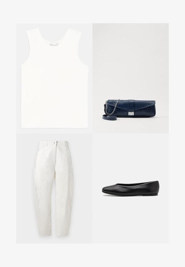 Tmavě modrý dlouhý kabát s volným střihem, širokými rukávy, výstřihem do V a dvěma předními kapsami. Vyroben z hladkého, texturovaného materiálu.; Bílý bezrukávový top z hladkého materiálu s kulatým výstřihem a rovnými okraji. Jednoduchý design bez dalších ozdob.; Bílé bavlněné kalhoty s volným střihem, vybavené zapínáním na knoflík, bočními kapsami a jemnými švy podél švů.; Paul Smith TOPANGA - Klasické baleríny - black; Námořnická modrá kožená kabelka s krokodýlí texturou, stříbrným řetízkovým popruhem a kovovým zapínáním. Obdélníkový tvar s překlápěcím designem.