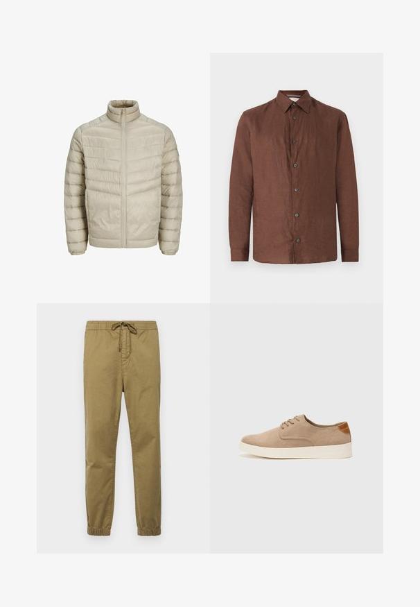 Light beige puffer jacket with a stand collar, vertical quilted design, front zip closure, and elasticized cuffs. Smooth, shiny texture.; Brown linen long-sleeve shirt with a button-up front, spread collar, and black buttons. Smooth texture with a slightly wrinkled appearance.; Light khaki jogger pants with elastic waistband, adjustable drawstring, tapered legs, and elastic cuffs. Smooth, breathable fabric.; Beige suede sneakers with a rounded toe, lace-up front, and a textured back accent. White rubber sole provides contrast. Simple and modern design.
