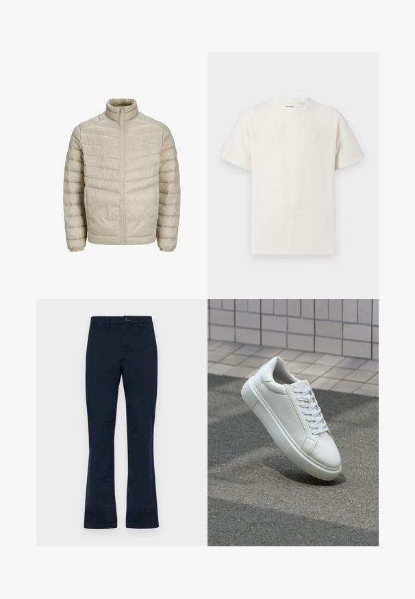 Světle béžová péřová bunda s vyšším límcem, vertikálně prošívaným designem, předním zipem a elastickými manžetami. Hladká, lesklá textilie.; Bílý krátký rukáv tričko s pružnou strukturou. Kulatý výstřih, volný střih, bez viditelných vzorů nebo detailů. Jednoduchý a univerzální design.; Námořnické modré bavlněné kalhoty se střihovým designem rovného nohavice, s předním zapínáním na knoflík, poutky na opasek a dvěma bočními kapsami. Hladká textura.; Bílé kožené tenisky s hladkým povrchem, kulatou špičkou a plochými bílými tkaničkami. Disponují texturovanou gumovou podrážkou a minimálními designovými prvky.