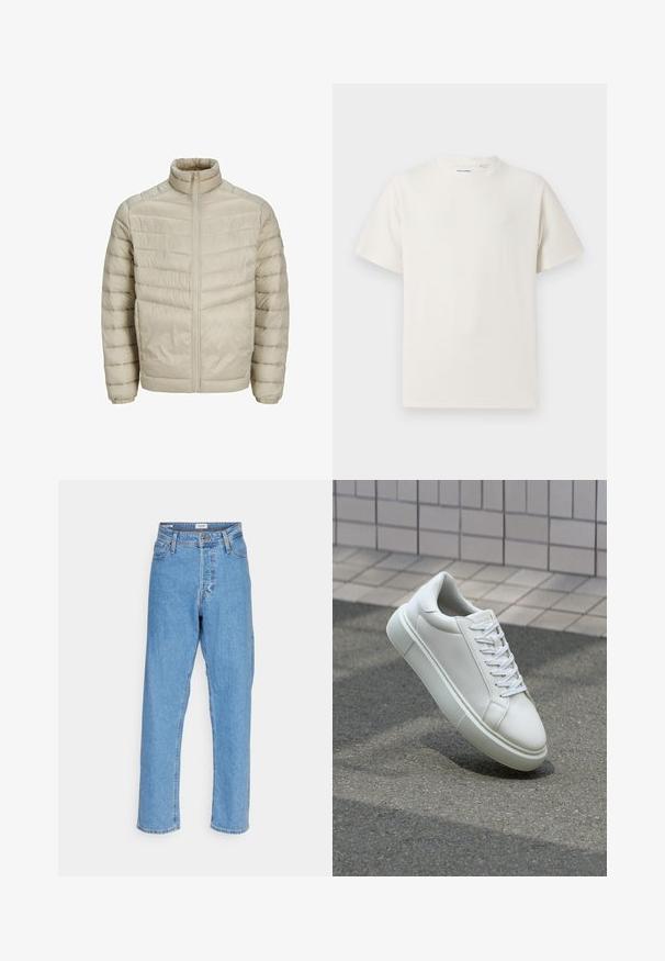 Helebeež puffer-jakk, millel on seisva krae, vertikaalne tikandikujundus, eespoolne tõmblukk ja elastsed mansetid. Sile, läikiv tekstuur.; Valge lühikeste varrukatega T-särk ribakudumises. Ümar kaelus, mugav lõige, nähtavad mustrid ega aksessuaarid puuduvad. Lihtne ja mitmekesine disain.; Heled sinised kõrge vöökoha sirged teksad eesnupu ja lukuga, vööloopide ja viie-tasku disainiga valge tausta ees.; Valge nahkline sneka, millel on sile pind, ümar varvas ja lame valge pael. Omab tekstuuriga kummist talla ja minimaalset kujunduselementi.