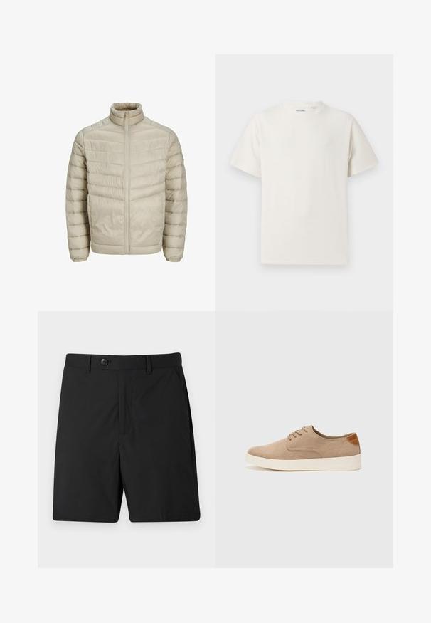 Világos bézs színű puffermellény álló gallérral, függőleges steppelési mintával, elöl cipzáros záródással és elasztikus mandzsettákkal. Sima, fényes textúra.; Fehér, rövid ujjú póló bordázott textúrával. Kerek nyakkivágás, laza szabás, nincs látható minta vagy díszítés. Egyszerű és sokoldalú dizájn.; Fekete rövidnadrág könnyű anyagból, gombos záródással, két oldalsó zsebbel és egyenes fazonnal. Sima textúra és letisztult dizájn.; Beige velúr sportcipő, kerek orral, fűzős elülső résszel és textúrált hátsó részlettel. Fehér gumitalp kontrasztot ad. Egyszerű és modern design.