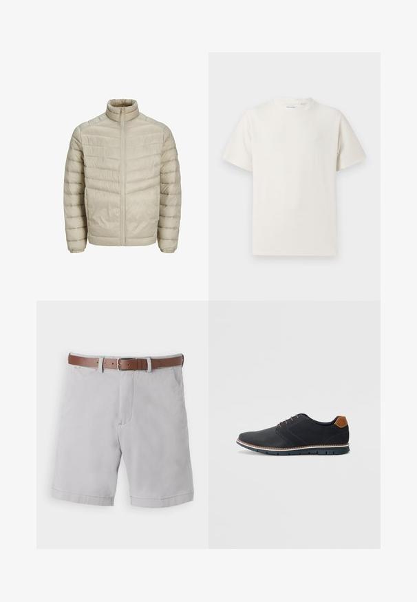 Doudoune beige clair avec col montant, design matelassé vertical, fermeture éclair à l'avant et poignets élastiques. Texture lisse et brillante.; T-shirt blanc à manches courtes en texture côtelée. Encolure ronde, coupe décontractée, sans motifs ni accents visibles. Design simple et polyvalent.; Shorts gris clair en tissu mélangé de coton, dotés d'une ceinture en cuir marron, de poches latérales et d'une coupe décontractée.; Chaussures synthétiques noires avec un dessus texturé, accents lisses, talon marron et semelle contrastante. Présente un laçage minimal et des détails de couture.