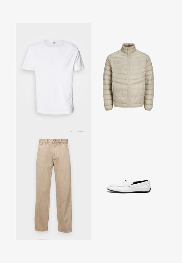 Jachetă puf light beige cu guler în picioare, design cu quilt vertical, închidere frontală cu fermoar și manșete elastice. Textură netedă și lucioasă.; Tricou alb din bumbac, cu guler rotund, mâneci scurte și o margine dreaptă. Materialul are o textură netedă și nu are modele.; Jeans din denim bej cu un design drept, care prezintă buzunare frontale, închidere cu buton metalic și o textură subtilă.; Loaferi din piele albă, cu un finisaj neted, prezentând un detaliu cusut, vârful rotunjit și o talpă din cauciuc negru pentru aderență.