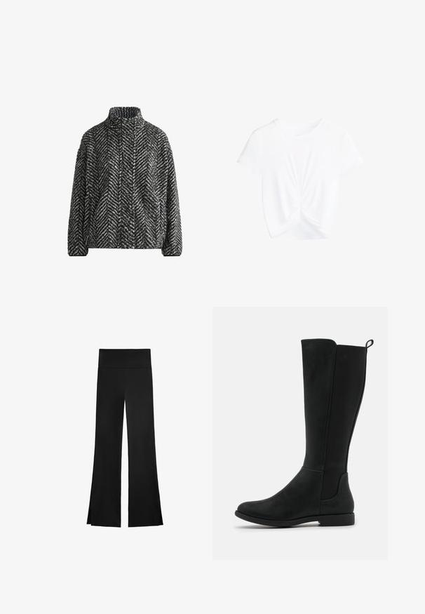 Czarny i biały polarowy sweter w wzór rybiej ości z wysokim kołnierzem i długimi rękawami. Miękka tekstura, luźny krój i brak widocznych zapięć.; Biała koszulka z krótkim rękawem z detalem w postaci zebranej kokardy na środku przodu, wykonana z gładkiego materiału, z okrągłym dekoltem i zaprojektowana w krótkim fasonie.; Czarne spodnie o szerokim kroju, z wysokim stanem i bocznymi rozcięciami dla łatwości ruchu. Wykonane z gładkiego, elastycznego materiału.; Czarny, wysokości do kolan, sztuczny skórzany botki z gładką powierzchnią, elastycznymi bocznymi panelami oraz niską, płaską podeszwą dla komfortu.