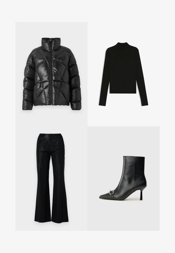 Zwarte pufferjas met hoge kraag, ritssluiting en geometrisch gestikt patroon. Voorzien van elastische sluittouwtjes aan de onderkant en een logo-accent.; Zwarte coltrui met lange mouwen, gemaakt van een zachte, ribbelstof. Heeft een getailleerde pasvorm en een hoge kraag.; Zwarte flared broeken van gladde, glanzende stof. Voorzien van een aansluitende tailleband en subtiele krijtstrepen voor textuur en detail.; Zwarte leren enkelboot met spitse neus, slanke middenhoge hak en zilveren gespdetail aan de zijkant op een effen achtergrond.