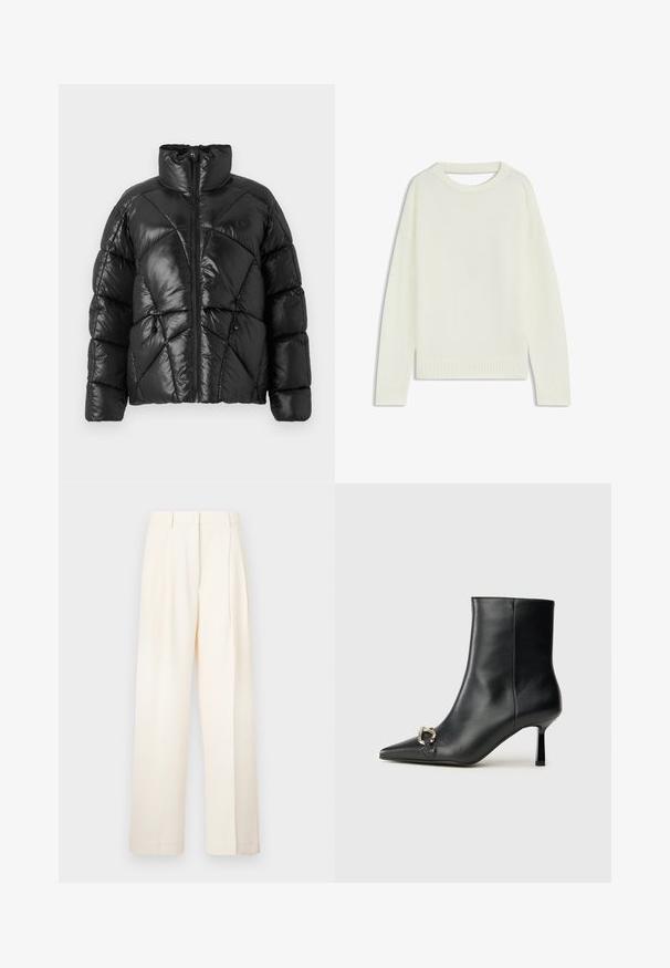 Doudoune noire avec col montant, fermeture éclair et motif matelassé géométrique. Comprend des cordons élastiques à l'ourlet et un accent de logo.; Pull crème clair avec un col rond, des manches longues, un ourlet côtelé et une texture douce. Aucun motif ni détail métallique visible.; Pantalons à jambe large en crème, fabriqués en tissu doux. Présentent un design soigné avec des plis devant et une coupe droite.; Bottine en cuir noir avec un bout pointu, un talon moyen fin et un détail de boucle en argent sur le côté, se détachant sur un fond uni.