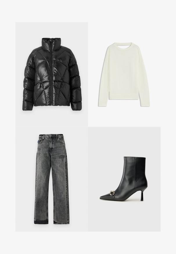 Black puffer jacket with a high collar, zip closure, and geometric quilted pattern. Features elastic drawstrings at the hem and a logo accent.; Light cream sweater featuring a round neck, long sleeves, ribbed hem, and a soft texture. No patterns or visible hardware details.; Wide-leg black denim jeans with a faded wash, distressed detailing on the front, and standard five-pocket design.; Black leather ankle boot with pointed toe, slim mid-height heel, and silver buckle detail on side against plain background.