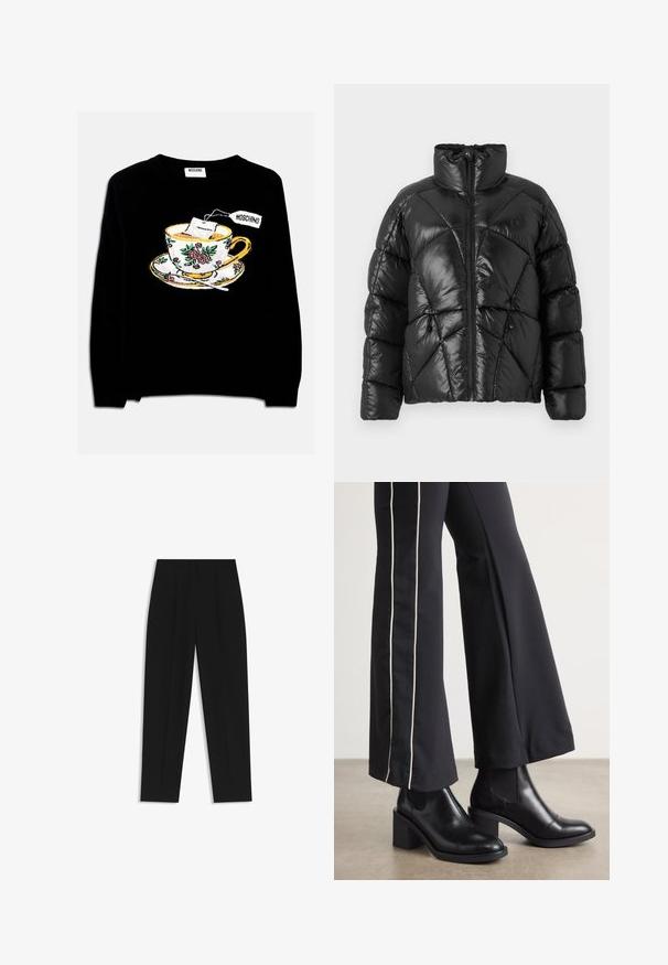 Doudoune noire avec col montant, fermeture éclair et motif matelassé géométrique. Comprend des cordons élastiques à l'ourlet et un accent de logo.; Pull noir avec une tasse à thé brodée, accompagnée d'un sachet de thé et de décorations florales. Le design comprend une soucoupe sous la tasse.; Pantalon noir à coupe droite, avec des plis doubles, une texture lisse et un design de taille classique. Pas de matériel ou d'accents visibles.; Bottines en cuir Noir avec un talon bloc, dotées de panneaux élastiques sur les côtés. Associées à un pantalon noir avec une rayure blanche sur le côté.