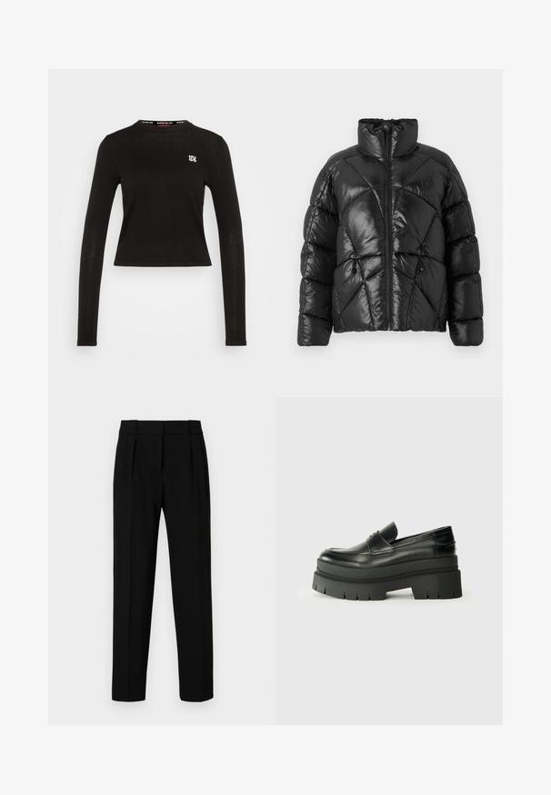 Černá péřová bunda se vysokým límcem, zipovým zapínáním a geometrickým prošíváním. Obsahuje elastické šňůrky na spodním okraji a akcent s logem.; Černý dlouhý rukáv top vyrobený z žebrované látky. Má kulatý výstřih a bílé logo na levém prsu. Zkrácený lem.; Černé oblekové kalhoty se straight fit střihem, předními záhyby, lesklým materiálem a středním pasem. Bez viditelných kapes nebo kovových detailů.; Černé kožené loafers s robustní platformovou podrážkou. Kulatá špička, přední šev a jemné akcenty prošití. Plochá, texturovaná podrážka.
