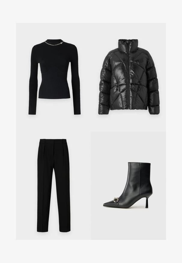 Juodas pūkinis džinsas su aukštu apykakle, užtrauktuku ir geometriniu siuvinėjimu. Savyje turi elastingas šnerves apatinėje dalyje ir logotipo akcentą.; Juodas raukšlėtas ilgomis rankovėmis palaidinukas su prigludusia siluetu ir apvaliu iškirpimu. Papuoštas grandinės akcentu šalia apykaklės. Minkšta tekstūra.; Juodos pritaikytos kelnės su tiesiu siluetu, raukiniu priekyje, blizgia medžiaga ir vidutinio pločio juosmeniu. Nėra matomų kišenių ar metalinių detalių.; Juodas odinis apavas iki kulkšnies su smailiu nosiu, plonu vidutinio aukščio kulnu ir sidabriniu sagties akcentu šone, prieš paprastą foną.