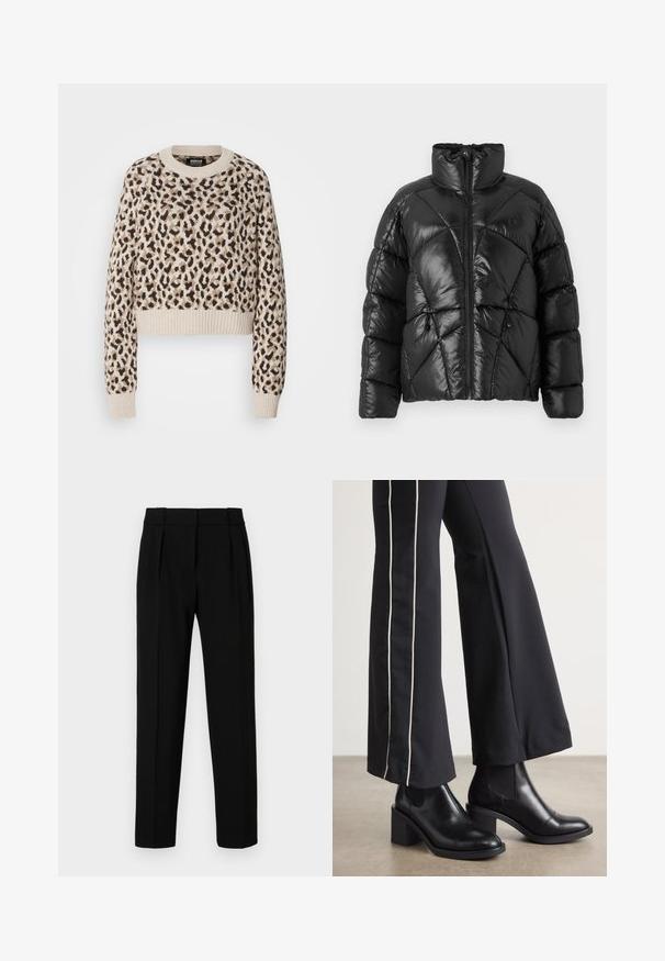 Fekete puffdzseki magas gallérral, cipzáras záródással és geometrikus tűzött mintával. Rugalmas húzózsinórokkal a szegélyen és logóval ellátott részlettel rendelkezik.; Barna és fekete árnyalatokban mintaolt leopárd mintás bézs cropped pulóver. Bordás mandzsettákkal és alsó résszel rendelkezik, kerek nyakkivágása van.; Fekete, egyenes szabású, plisszírozott elejű, fényes anyagból készült nadrág közepes derékkal. Nincsenek látható zsebek vagy fémrészletek.; Fekete bőr bokacsizma, tömbsarkúval, oldalán rugalmasszal ellátott panelek találhatók. Fekete nadrággal párosítva, amelynek fehér oldalsávja van.