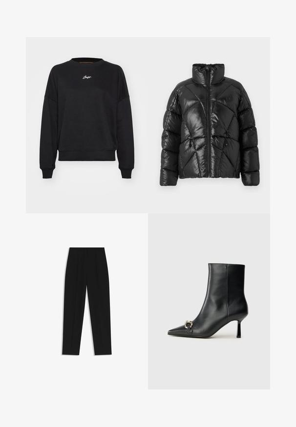 Giubbotto imbottito nero con colletto alto, chiusura a zip e motivo trapuntato geometrico. Presenta cordini elastici all'orlo e un logo decorativo.; Felpa nera con colletto rotondo, spalle abbassate e polsini a costine. Presenta un discreto ricamo del logo bianco sul petto. Tessuto liscio.; Pantaloni neri a taglio dritto, con doppie pieghe, una texture liscia e un design classico in vita. Nessun hardware o dettaglio visibile.; Stivale alla caviglia in pelle nera con punta affusolata, tacco sottile di media altezza e dettaglio in fibbia argentata sul lato, su sfondo semplice.