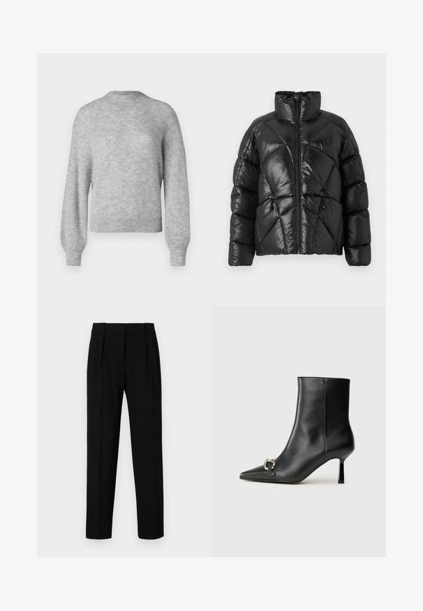 Sort pufferjakke med høj krave, lynlåslukning og geometrisk quiltet mønster. Har elastiske snore i kanten og et logo.; Lys grå strikket sweater lavet af blødt stof, med en rund halsudskæring og lange, let pufede ærmer med ribbede kanter.; Sorte skræddersyede bukser med lige pasform, plisseret front, poleret stof og en medium talje. Ingen synlige lommer eller hardware-detaljer.; Sort læder ankelstøvle med spidse tæer, slank hæl i mellemhøjde og sølvspænde detaljer på siden mod en ensfarvet baggrund.