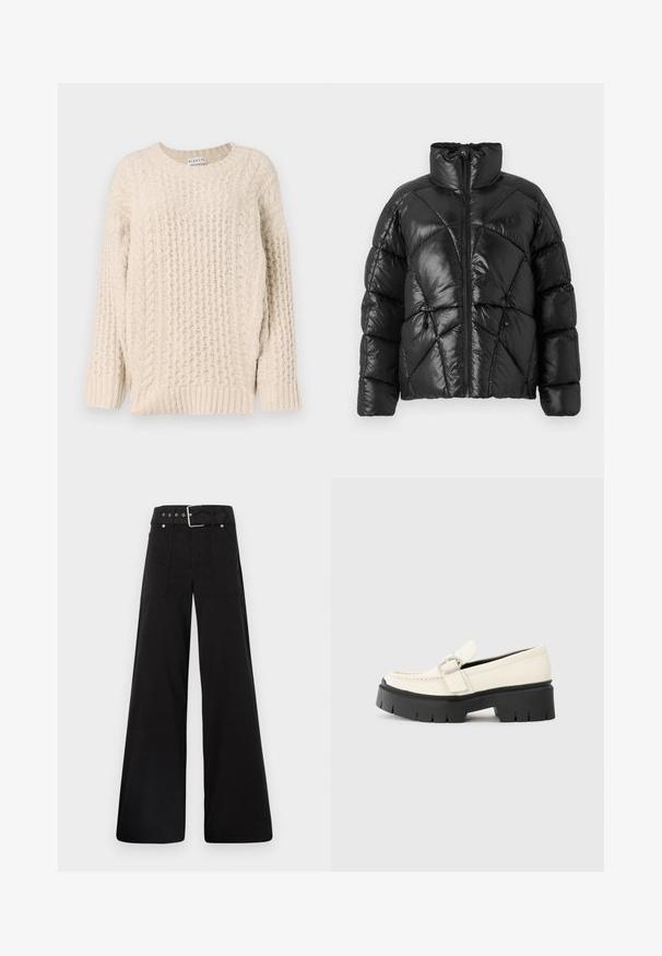 Fekete puffdzseki magas gallérral, cipzáras záródással és geometrikus tűzött mintával. Rugalmas húzózsinórokkal a szegélyen és logóval ellátott részlettel rendelkezik.; Beige kötött pulóver texturált bordázott és fonott mintákkal. Kerek nyakú és hosszú ujjú. Puha, vastag anyag, laza szabású.; Fekete, bő szárú nadrág, pamutból készült, magas derékkal, nagy oldalsó zsebekkel és ezüst színű hardverelemekkel ellátott övvel.; Fehér bőr lófarok, vastag fekete platform talppal, téglalap alakú ezüst csattal és látható varrás részletekkel a felső részen.