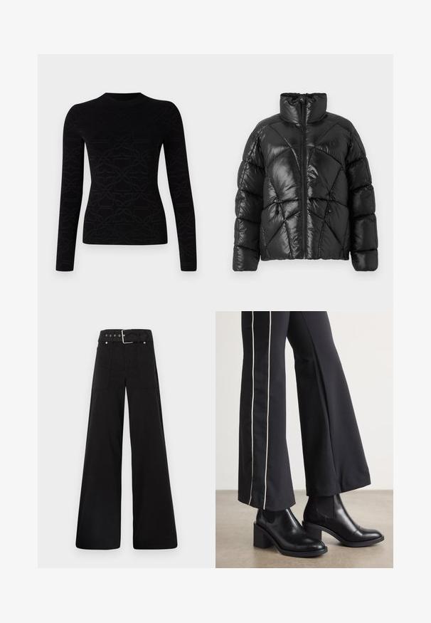 Juodas pūkinis džinsas su aukštu apykakle, užtrauktuku ir geometriniu siuvinėjimu. Savyje turi elastingas šnerves apatinėje dalyje ir logotipo akcentą.; Juodas ilgas rankoves turintis megztinis su tekstūruotu, pasikartojančiu raštu. Pagamintas iš minkštos medžiagos, apvaliu iškirpimu ir prigludusia siluetu.; Juodos plačios kojų kelnės, pagamintos iš medvilnės, su aukšta liemene, didelėmis šoninėmis kišenėmis ir diržu, papuoštu sidabriniais akcentais.; Juodi odiniai auliniai batai su plataus bloko kulnu, turintys elastines šonines dalis. Sukomplektuoti su juodomis kelnėmis, turinčiomis baltą šoninės juostą.