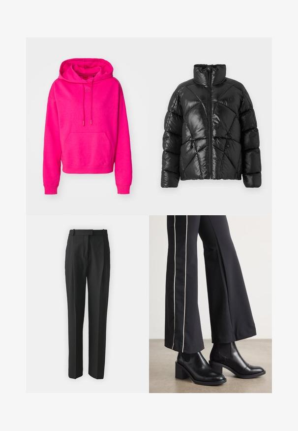 Melnā pūkaino jakā ar augstu apkakli, ar rāvējslēdzēja aizdari un ģeometrisku kviltotu rakstu. Funkcijas iekšējie elastīgie auklas pie zemes malas un logo akcents.; HUGO DELFINIA - Ikdienas džemperis - bright pink; Melnas pielāgotas bikses, izgatavotas no viegla auduma, ar taisnu griezumu, plakanu fronti un jostām. Gluda tekstūra bez redzamām rakstām.; Melnas ādas potīšu zābaki ar blokveida papēdi, aprīkoti ar elastīgām sānu paneļiem. Kombinēti ar melniem biksēm, kuru sānos ir baltas svītras.