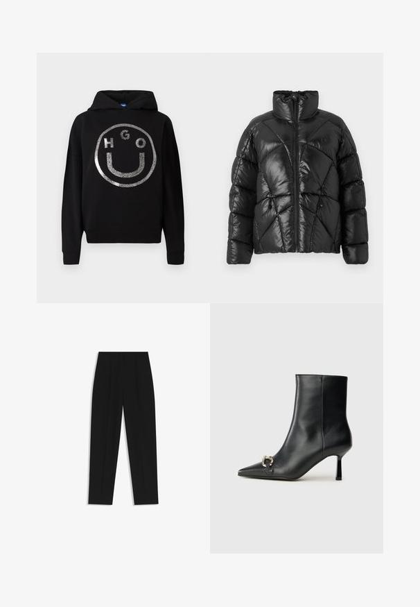 Sort pufferjakke med høj krave, lynlåslukning og geometrisk quiltet mønster. Har elastiske snore i kanten og et logo.; Sorte hættetrøje lavet af blødt materiale med et stort sølvglitrende smilende ansigt design med "HGO" tekst inde i cirklen.; Sorte bukser med lige pasform, der har dobbelte folder, en glat tekstur og et klassisk taljedesign. Ingen synlige hardware eller accenter.; Sort læder ankelstøvle med spidse tæer, slank hæl i mellemhøjde og sølvspænde detaljer på siden mod en ensfarvet baggrund.