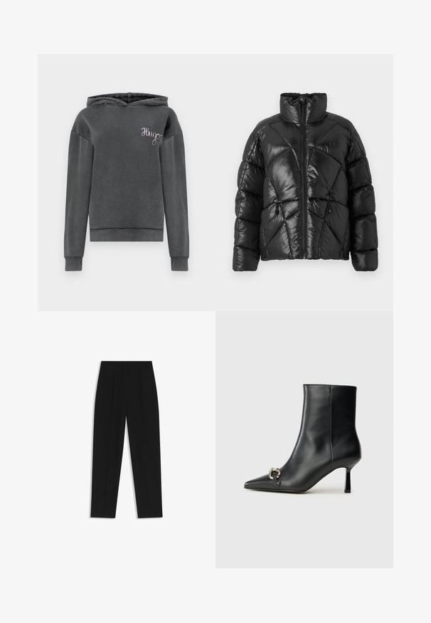 Schwarze Pufferjacke mit hohem Kragen, Reißverschluss und geometrischem Steppmuster. Mit elastischen Kordelzügen am Saum und einem Logoakzent.; Grauer Kapuzenpullover mit weicher Textur, ausgestattet mit einem gerippten Saum und Ärmeln sowie einem gestickten 'Hugo'-Logo in helllila auf der Brust.; Schwarze Hose mit geradem Schnitt, doppelten Falten, einer glatten Textur und einem klassischen Bunddesign. Keine sichtbaren Beschläge oder Akzente.; Schwarze Leder-Stiefelette mit spitzer Zehe, schlankem, mittelhohem Absatz und silberner Schnalle seitlich vor einem schlichten Hintergrund.