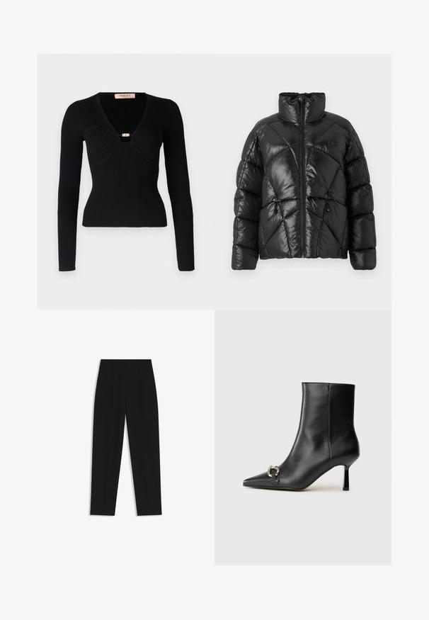 Schwarze Pufferjacke mit hohem Kragen, Reißverschluss und geometrischem Steppmuster. Mit elastischen Kordelzügen am Saum und einem Logoakzent.; Schwarzes, geripptes Langarmtop mit tiefem V-Ausschnitt und einem goldfarbenen Verschluss auf der Brust. Figurbetonte Silhouette, strukturierter Stoff mit vertikalen Linien.; Schwarze Hose mit geradem Schnitt, doppelten Falten, einer glatten Textur und einem klassischen Bunddesign. Keine sichtbaren Beschläge oder Akzente.; Schwarze Leder-Stiefelette mit spitzer Zehe, schlankem, mittelhohem Absatz und silberner Schnalle seitlich vor einem schlichten Hintergrund.