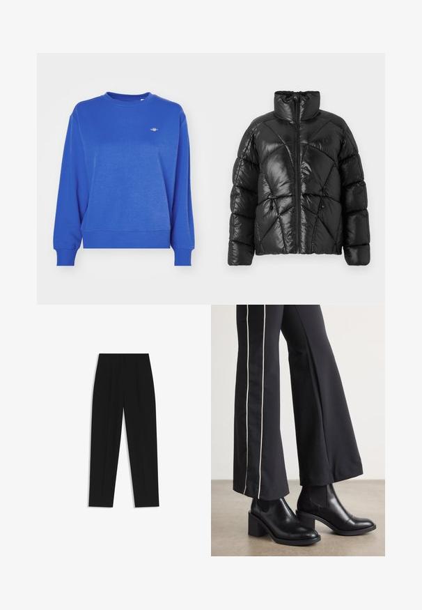 Svart puffjacka med hög krage, dragkedjestängning och geometriskt kviltat mönster. Har elastiska dragsko vid nederkanten och en logotypdetalj.; Blå sweatshirt med lång ärm, rund halsringning och en liten logodetalj på bröstet. Tillverkad av ett mjukt tyg med en slät yta.; Svarta byxor med rak passform, med dubbla fickor, en slät yta och en klassisk midje-design. Ingen synlig hårdvara eller detaljer.; Svarta läderankelboots med klack, med elastiska sidopaneler. I kombination med svarta byxor som har en vit sidostrip.