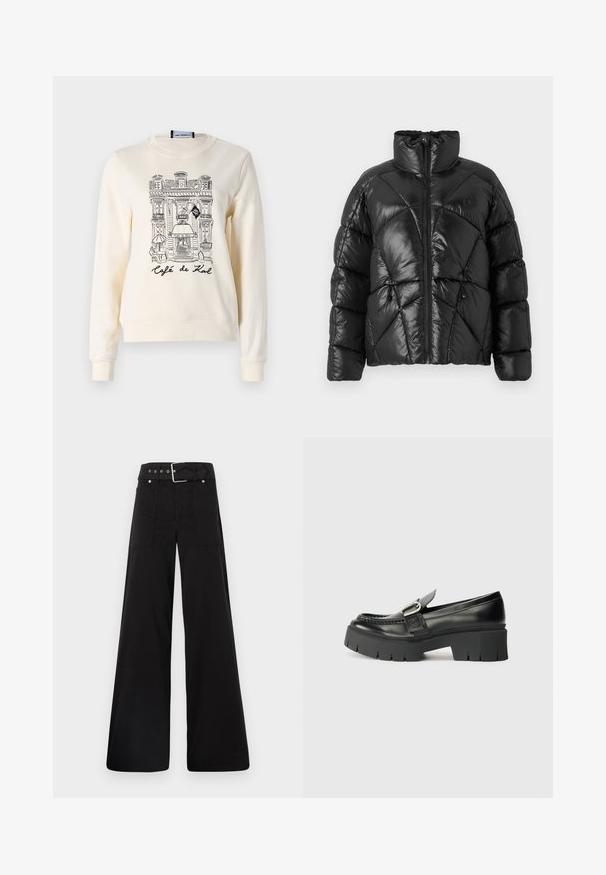 Fekete puffdzseki magas gallérral, cipzáras záródással és geometrikus tűzött mintával. Rugalmas húzózsinórokkal a szegélyen és logóval ellátott részlettel rendelkezik.; Krém színű pulóver, puha textúrával, fekete vázlattal egy kávézó épületéről és alatta a "Café de Karl" felirattal.; Fekete, bő szárú nadrág, pamutból készült, magas derékkal, nagy oldalsó zsebekkel és ezüst színű hardverelemekkel ellátott övvel.; Fekete bőr loaferek masszív gumi talppal. Csattal díszített és varrott részletekkel a felső részen. Lapostalpú.