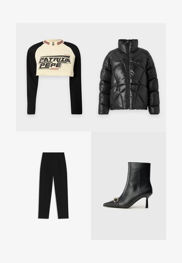 Sort pufferjakke med høj krave, lynlåslukning og geometrisk quiltet mønster. Har elastiske snore i kanten og et logo.; Beskarvet sweatshirt i creme og sort med lange ærmer. Har et dristigt grafisk tryk "PATRIZIA PEPE POWER" og stribet kravedetalje.; Sorte bukser med lige pasform, der har dobbelte folder, en glat tekstur og et klassisk taljedesign. Ingen synlige hardware eller accenter.; Sort læder ankelstøvle med spidse tæer, slank hæl i mellemhøjde og sølvspænde detaljer på siden mod en ensfarvet baggrund.