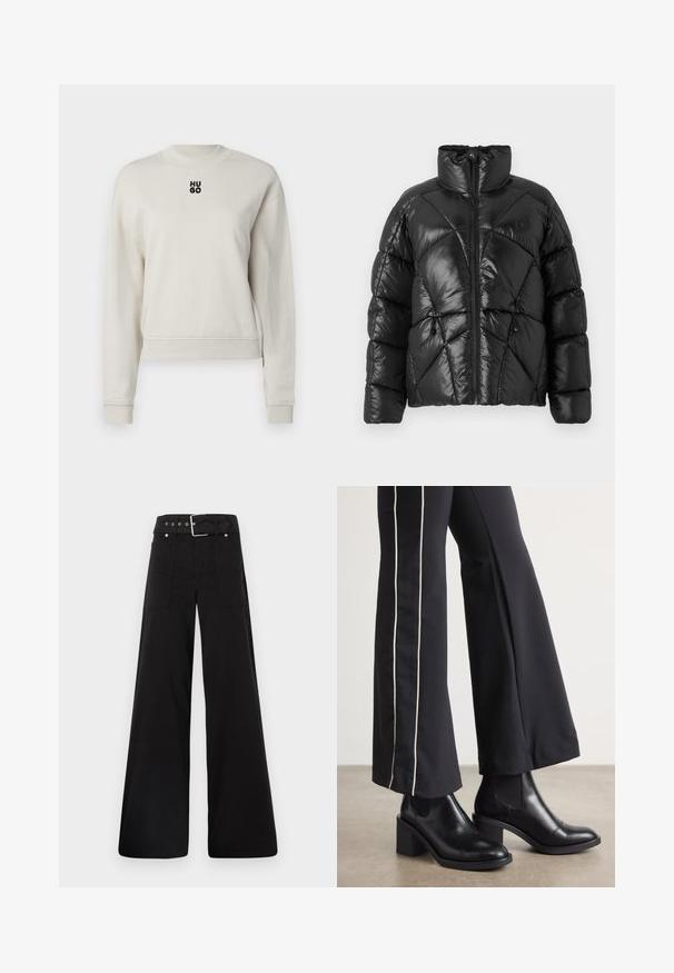Black puffer jacket with a high collar, zip closure, and geometric quilted pattern. Features elastic drawstrings at the hem and a logo accent.; Cream-colored sweatshirt with a round neck, ribbed cuffs, and bottom hem; features a black "HUGO" logo centered on the front.; Black wide-leg trousers made from cotton, featuring a high waist, large side pockets, and a belted waist with silver hardware accents.; Black leather ankle boots with a block heel, featuring elastic side panels. Paired with black pants that have a white side stripe.