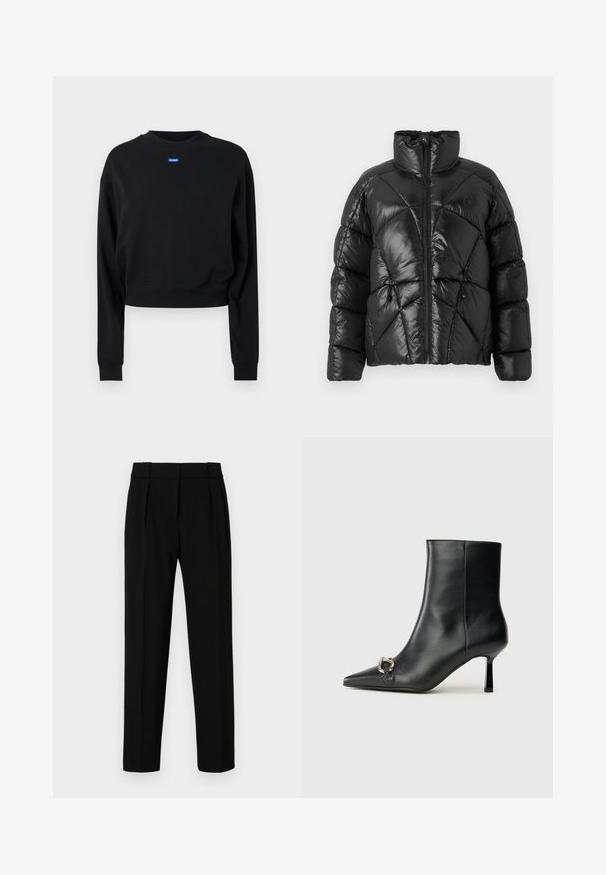 Čierna prešívaná bunda s vysokým golierom, zipsom a geometrickým vzorom. Má elastické šnúrky na leme a akcent loga.; Čierny skrátený sveter s dlhými rukávmi a rebrovanými manžetami; obsahuje modrú obdĺžnikovú nášivku s logom vpredu pri výstrihu.; Čierne oblekové nohavice so strihom na priamu líniu, s plisovaným predným dielom, lesklým materiálom a stredne vysokým pásom. Bez viditeľných vreciek alebo hardvérových detailov.; Čierna kožená členková obuv s špicatou špičkou, štíhlým stredne vysokým podpätkom a striebornou sponou na boku na jednoduchom pozadí.