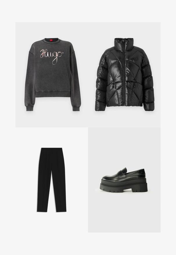 Giubbotto imbottito nero con colletto alto, chiusura a zip e motivo trapuntato geometrico. Presenta cordini elastici all'orlo e un logo decorativo.; Felpa grigia con una vestibilità rilassata, caratterizzata da un collo a giro e polsini a coste. Presenta un logo "Hugo" cursivo e lucido in colori pastello sul davanti.; Pantaloni neri a taglio dritto, con doppie pieghe, una texture liscia e un design classico in vita. Nessun hardware o dettaglio visibile.; Mocassini neri in pelle con suola piatta spessa. Punta arrotondata, dettaglio della cucitura frontale e accenti di cucitura sottili. Suola piatta e testurizzata.