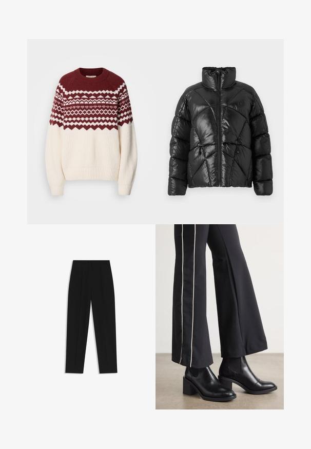 Schwarze Pufferjacke mit hohem Kragen, Reißverschluss und geometrischem Steppmuster. Mit elastischen Kordelzügen am Saum und einem Logoakzent.; Strickpullover mit einem burgunderfarbenen und weißen geometrischen Muster an der Schulterpartie, mit einem cremefarbenen Körper, gerippten Bündchen und Saum. Rundhalsausschnitt.; Schwarze Hose mit geradem Schnitt, doppelten Falten, einer glatten Textur und einem klassischen Bunddesign. Keine sichtbaren Beschläge oder Akzente.; Schwarze Lederstiefeletten mit einem Blockabsatz, ausgestattet mit elastischen seitlichen Einsätzen. Kombiniert mit schwarzen Hosen, die einen weißen Seitenstreifen haben.