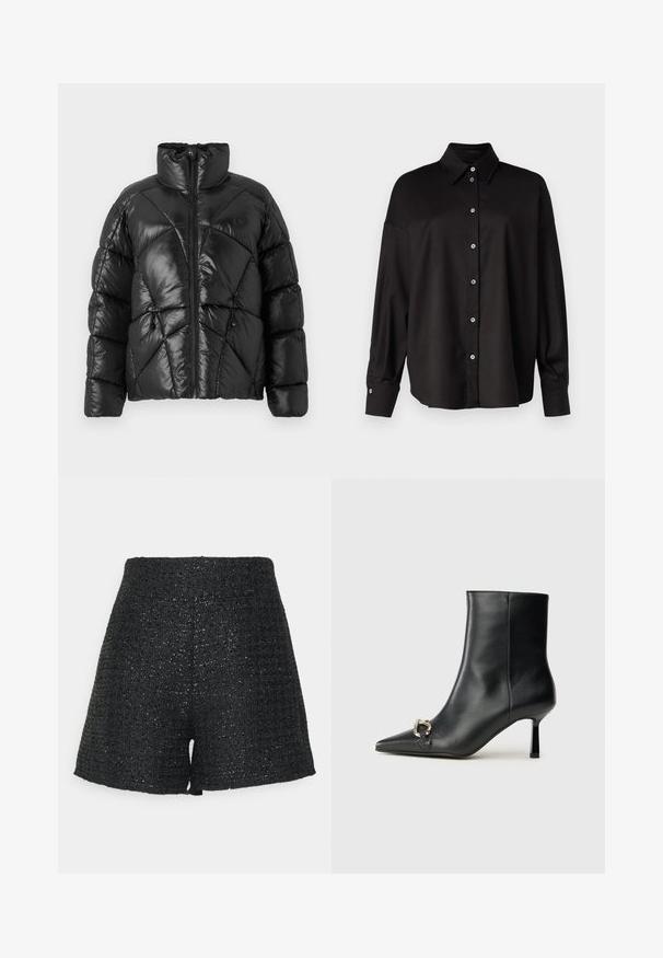 Juodas pūkinis džinsas su aukštu apykakle, užtrauktuku ir geometriniu siuvinėjimu. Savyje turi elastingas šnerves apatinėje dalyje ir logotipo akcentą.; DRYKORN LYSILA - Užsagstoma palaidinė - black; Juodi austi šortai su tekstūruotu paviršiumi ir subtiliu blizgesiu. Funkcijos aukštas liemuo ir struktūrizuota A formos siluetas.; Juodas odinis apavas iki kulkšnies su smailiu nosiu, plonu vidutinio aukščio kulnu ir sidabriniu sagties akcentu šone, prieš paprastą foną.