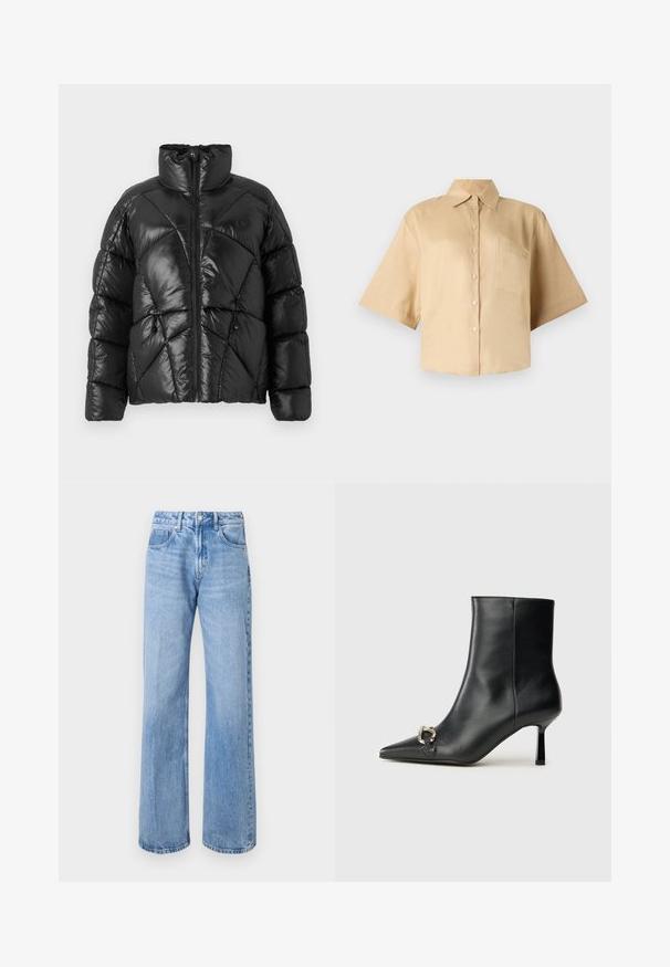 Čierna prešívaná bunda s vysokým golierom, zipsom a geometrickým vzorom. Má elastické šnúrky na leme a akcent loga.; Košeľa s krátkym rukávom béžovej farby, s klasickým golierom, predným gombíkovým zapínaním a vreckom na prsiach na ľavej strane. Hladká tkanina bez viditeľných vzorov alebo textúr.; Svetlomodré džíny so širokými nohavicami vyrobené z denimu s vysokým pásom, päť vreciek a jemným vyblednutím. Strieborné zapínanie na gombík a zips.; Čierna kožená členková obuv s špicatou špičkou, štíhlým stredne vysokým podpätkom a striebornou sponou na boku na jednoduchom pozadí.