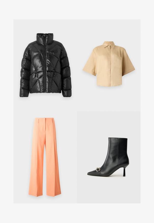 Crna zimska jakna sa visokim ovratnikom, zatvaranjem na patentni zatvarač i geometrijskim kvadratićem. Ima elastične uške na rubu i akcentski logo.; Bež košulja kratkih rukava s klasičnom kragnom, zatvaranjem na gumbe sprijeda i džepom na lijevoj strani prsiju. Glatka tkanina bez vidljivih uzoraka ili tekstura.; Hlače širokog kroja u pastelnom narančastom, krojene s nabranim detaljima, izrađene od glatke tkanine. Imaju bočne đepove i uredan rub.; Crne kožne gležnjače s nazupčanim prstom, uskim srednje visokim potpeticama i detaljem srebrne kopče sa strane na jedinstvenoj pozadini.