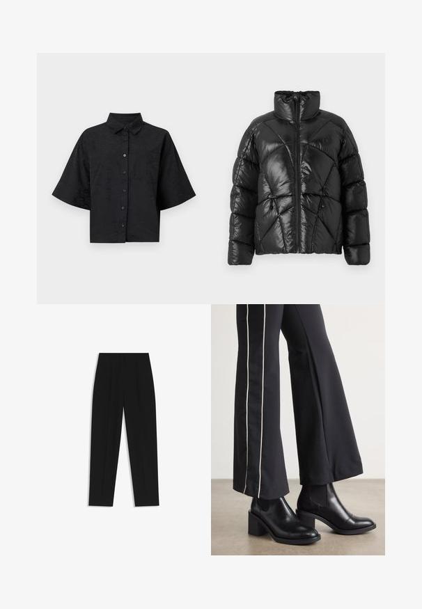 Black puffer jacket with a high collar, zip closure, and geometric quilted pattern. Features elastic drawstrings at the hem and a logo accent.; Black cropped shirt with a collar, short sleeves, button closure, and subtle wave texture detail. Features a single chest pocket.; Black trousers with a straight fit, featuring double pleats, a smooth texture, and a classic waistband design. No visible hardware or accents.; Black leather ankle boots with a block heel, featuring elastic side panels. Paired with black pants that have a white side stripe.