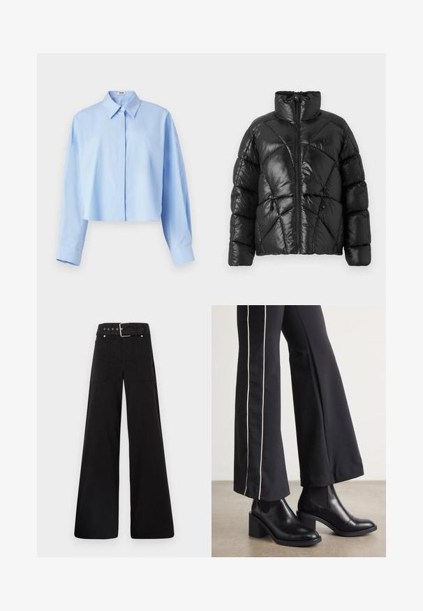 Černá péřová bunda se vysokým límcem, zipovým zapínáním a geometrickým prošíváním. Obsahuje elastické šňůrky na spodním okraji a akcent s logem.; Zkrácená světle modrá košile na knoflíky s límečkem, dlouhými rukávy a hladkým povrchem. Má rovný střih na spodní části.; Černé široké kalhoty vyrobené z bavlny, s vysokým pasem, velkými bočními kapsami a opaskem s kovovými akcenty v barvě stříbra.; Černé kožené kotníkové boty na blokovém podpatku, s elastickými bočními panely. V kombinaci s černými kalhotami, které mají bílý boční pruh.