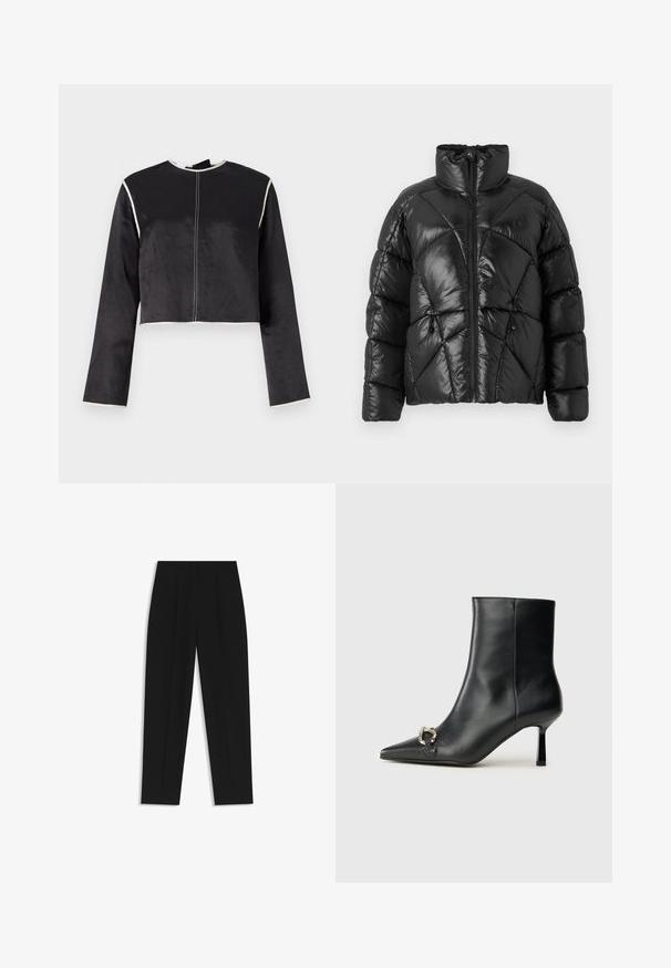 Sort pufferjakke med høj krave, lynlåslukning og geometrisk quiltet mønster. Har elastiske snore i kanten og et logo.; Afkortet sort satin top med lange ærmer, hvid piping langs halsudskæringen og ærmerne samt en central søm ned langs forsiden.; Sorte bukser med lige pasform, der har dobbelte folder, en glat tekstur og et klassisk taljedesign. Ingen synlige hardware eller accenter.; Sort læder ankelstøvle med spidse tæer, slank hæl i mellemhøjde og sølvspænde detaljer på siden mod en ensfarvet baggrund.