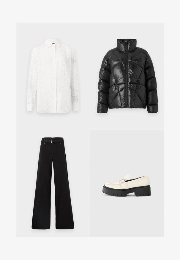 Čierna prešívaná bunda s vysokým golierom, zipsom a geometrickým vzorom. Má elastické šnúrky na leme a akcent loga.; Biela košeľa s dlhým rukávom a jemným geometrickým vzorom, so zapínaním na gombíky vpredu, golierom a manžetami; vyrobená z ľahkej tkaniny.; Čierne nohavice so širokými nohavicami vyrobené z bavlny, s vysokým pásom, veľkými bočnými vreckami a opaskom s prackou so striebornými detailmi.; Biele kožené mokasíny s robustnou čiernou platformou, zdobené obdĺžnikovou striebornou prackou a viditeľným šitím na vrchnej časti.