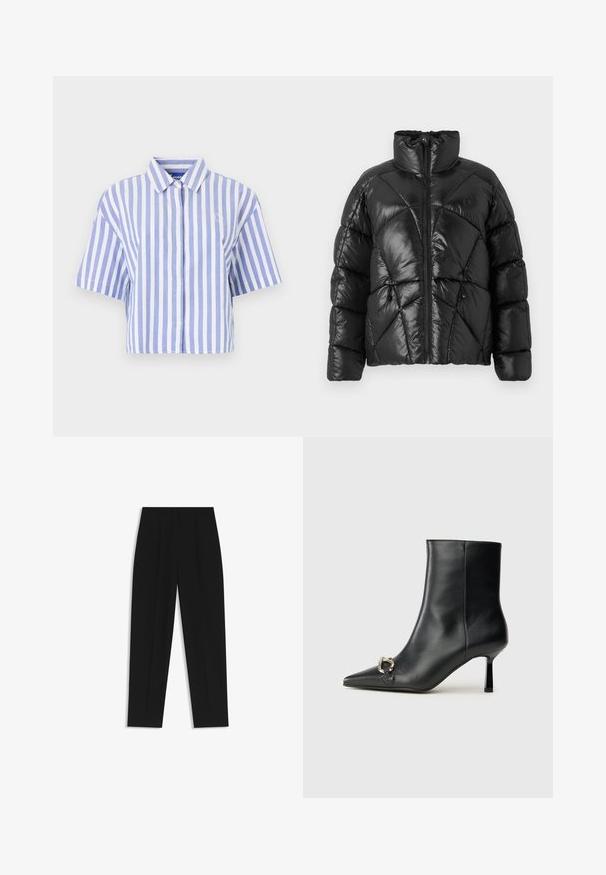 Schwarze Pufferjacke mit hohem Kragen, Reißverschluss und geometrischem Steppmuster. Mit elastischen Kordelzügen am Saum und einem Logoakzent.; Kurzärmeliges Hemd in hellblauen und weißen vertikalen Streifen, mit Knopfleiste, klassischem Kragen und weichem, strukturiertem Stoff.; Schwarze Hose mit geradem Schnitt, doppelten Falten, einer glatten Textur und einem klassischen Bunddesign. Keine sichtbaren Beschläge oder Akzente.; Schwarze Leder-Stiefelette mit spitzer Zehe, schlankem, mittelhohem Absatz und silberner Schnalle seitlich vor einem schlichten Hintergrund.