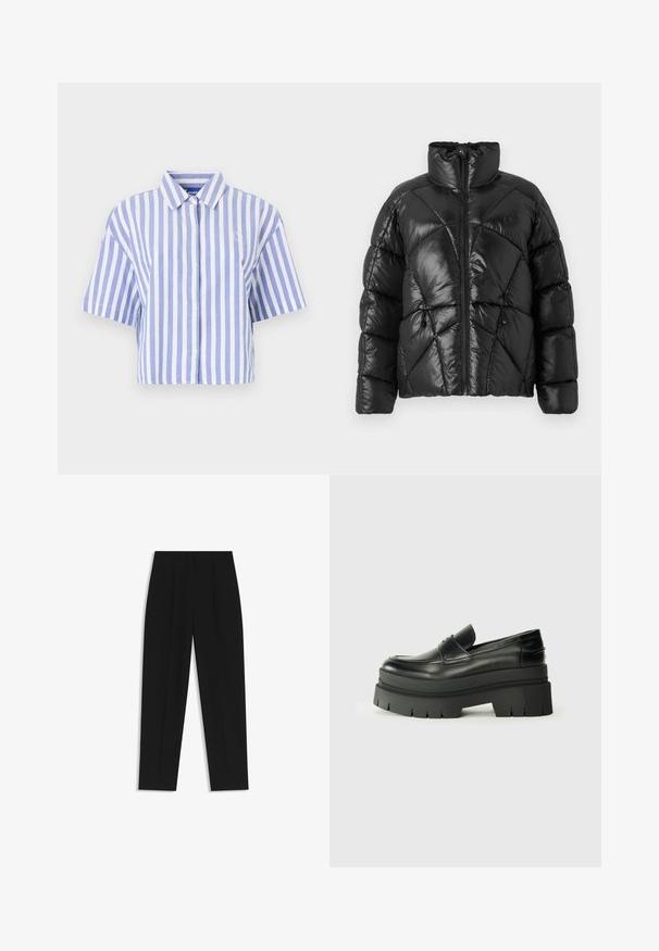Black puffer jacket with a high collar, zip closure, and geometric quilted pattern. Features elastic drawstrings at the hem and a logo accent.; Cropped short-sleeve shirt in light blue and white vertical stripes, button-down front, classic collar, soft textured fabric.; Black trousers with a straight fit, featuring double pleats, a smooth texture, and a classic waistband design. No visible hardware or accents.; Black leather loafers with a chunky platform sole. Rounded toe, front seam detail, and subtle stitching accents. Flat, textured outsole.