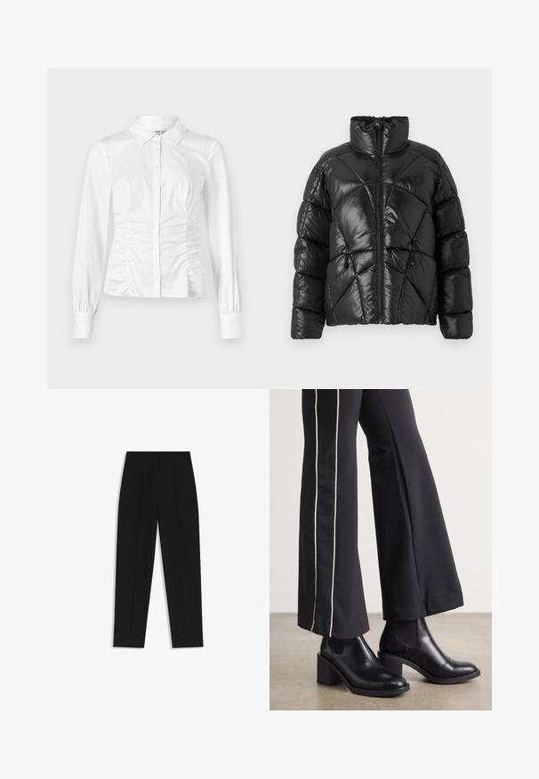 Mustalla puffer-takilla, jossa on korkea kaulus, vetoketjusuljenta ja geometrinen tikattu kuosi. Ominaisuuksiin kuuluvat elastiset narut helmassa ja logotyyli.; Valkoinen nappikauluspaita, joka on valmistettu sileästä kankaasta. Paidassa on pitkät hihat, kauluskolla ja kerrostettua yksityiskohtaa sivuilla.; Mustat housut suoran istuvuuden kanssa, joissa on kaksinkertaiset laskokset, sileä pinta ja klassinen vyötärönauhan muotoilu. Ei näkyviä metalliosia tai koristeita.; Mustat nahkasaappaat nilkkapituisilla, lohkareella, joissa on joustavat sivupaneelit. Yhdistetty mustiin housuihin, joissa on valkoinen sivuraita.