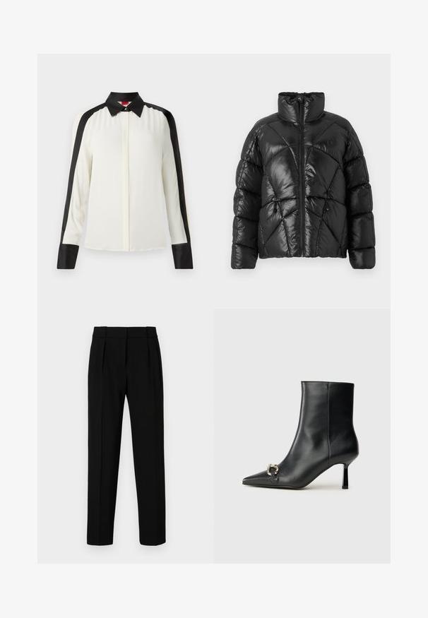 Must Black puffer jope kõrge kaelusega, lukuga kinnitamine ja geomeetriline tikandid. Omab elastseid nööre alumises servas ja logo aktsenti.; Valge pluus mustade satiinriidega accentidega õlgadel ja mansettidel, klassikalise krae ja pikkade varrukatega, sujuva kangatekstuuriga.; Mustad sobranikud, sirge lõikega, volditud esiosa, läikiv kangas ja keskmise suurusega vöökoht. Ei ole nähtavaid taskuid ega metalldetailide. ; Must mustanvärvi nahast pahklinetopp, millel on terav nina, peen keskmise kõrgusega konts ja hõbedane keha detail külgedel, taustal lihtne taust.