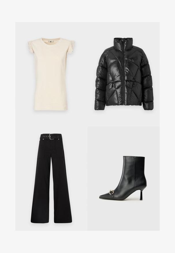 Must Black puffer jope kõrge kaelusega, lukuga kinnitamine ja geomeetriline tikandid. Omab elastseid nööre alumises servas ja logo aktsenti.; TWINSET Pluus - almond beige/dark almond beige; Mustad laiad mustad püksid, mis on valmistatud puuvillast, kõrge vöökoha, suurte küljetaskute ja kumerate rihmadega, kus on hõbedased detailid.; Must mustanvärvi nahast pahklinetopp, millel on terav nina, peen keskmise kõrgusega konts ja hõbedane keha detail külgedel, taustal lihtne taust.