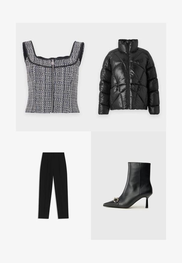 Chaqueta de plumón negra con un alto cuello, cierre de cremallera y patrón de acolchado geométrico. Presenta cordones elásticos en el dobladillo y un acento con el logo.; Top corto de tweed en color marino y blanco con escote cuadrado, diseño sin mangas y cremallera frontal con tirador de marca.; Pantalones negros de corte recto, con doble pinza, textura suave y un diseño de cinturilla clásica. Sin hardware o acentos visibles.; Botín negro de cuero hasta el tobillo con punta afilada, tacón delgado de altura media y detalle de hebilla plateada en el lateral, sobre un fondo liso.