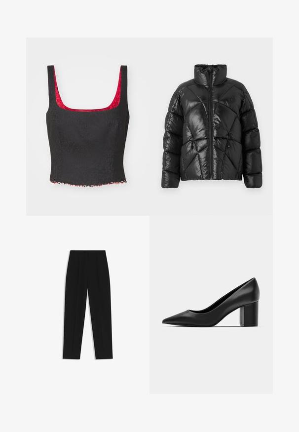 Giubbotto imbottito nero con colletto alto, chiusura a zip e motivo trapuntato geometrico. Presenta cordini elastici all'orlo e un logo decorativo.; Top corto nero con un motivo testurizzato, scollatura quadrata e bordatura rossa. Presenta un orlo decorativo con perline rosse e nere.; Pantaloni neri a taglio dritto, con doppie pieghe, una texture liscia e un design classico in vita. Nessun hardware o dettaglio visibile.; Decolleté in pelle nera con punteggiatura e tacco quadrato spesso. Texture liscia, design semplice, adatto per ambienti formali.