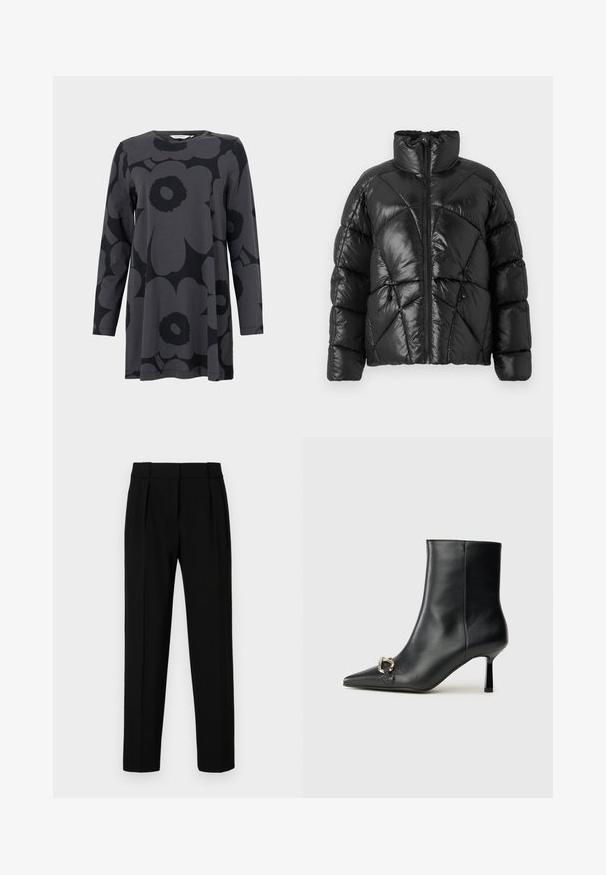 Giubbotto imbottito nero con colletto alto, chiusura a zip e motivo trapuntato geometrico. Presenta cordini elastici all'orlo e un logo decorativo.; Tunik a maniche lunghe in jersey grigio scuro, con un grande motivo floreale nero. Collo rotondo e silhouette A-line rilassata.; Pantaloni neri su misura con vestibilità dritta, fronte plissettato, tessuto lucido e vita media. Nessuna tasca visibile o dettagli in metallo.; Stivale alla caviglia in pelle nera con punta affusolata, tacco sottile di media altezza e dettaglio in fibbia argentata sul lato, su sfondo semplice.