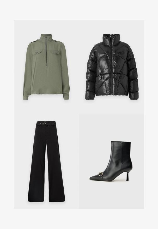 Giubbotto imbottito nero con colletto alto, chiusura a zip e motivo trapuntato geometrico. Presenta cordini elastici all'orlo e un logo decorativo.; Pullover verde oliva con collo alto, zip frontale e due tasche sul petto con chiusura a bottone. Maniche lunghe con orli a polsino.; Pantaloni neri a gamba larga realizzati in cotone, con vita alta, ampie tasche laterali e vita con cintura arricchita da dettagli in metallo argentato.; Stivale alla caviglia in pelle nera con punta affusolata, tacco sottile di media altezza e dettaglio in fibbia argentata sul lato, su sfondo semplice.