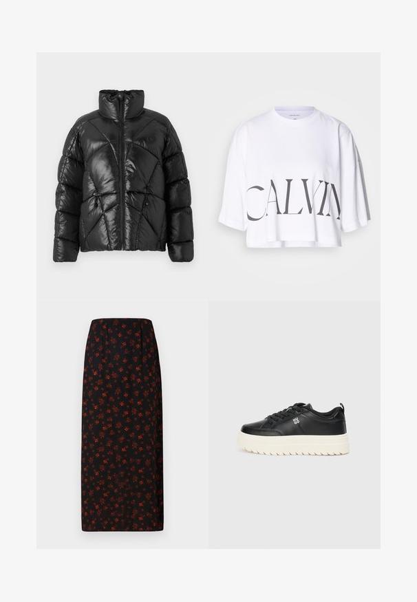 Fekete puffdzseki magas gallérral, cipzáras záródással és geometrikus tűzött mintával. Rugalmas húzózsinórokkal a szegélyen és logóval ellátott részlettel rendelkezik.; Fehér, rövid szabású pamut póló, melynek elülső részén hangsúlyos fekete betűkkel "CALVIN" felirat található. Rövid ujjú és laza szabású.; Fekete midi szoknya kis piros virágmintával, egyenes szabással és rugalmas derékkal.; Fekete bőr sportcipő tömzsi fehér talppal, kerek orral és lapos fűzőkkel; az oldalán "HUGO" logóval és textúrázott talppal a tapadás érdekében.