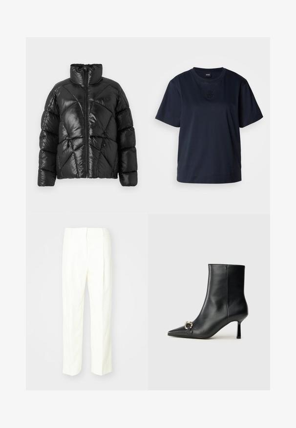Jachetă puffer neagră cu guler înalt, închidere cu fermoar și model matlasat geometric. Include șnururi elastice la tiv și un accent cu logo.; Tricou de culoare bleumarin cu maneca scurtă, realizat din bumbac moale. Previne o gât rotund și are un logo brodat subtil pe piept.; Pantaloni albi, ajustați, cu un design drept, țesătură texturată, pliuri frontale și un talie plată cu bucle pentru curea.; Botine negre din piele, cu vârf ascuțit, toc subțire de înălțime medie și detaliu cu cataramă argintie pe lateral, pe un fundal simplu.