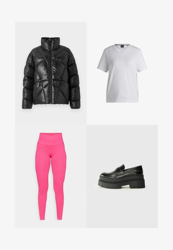 Crna zimska jakna sa visokim ovratnikom, zatvaranjem na patentni zatvarač i geometrijskim kvadratićem. Ima elastične uške na rubu i akcentski logo.; Bijela pamukasta majica s okruglim izrezom, kratkim rukavima i ležernim krojem. Sadrži malu oznaku brenda blizu ovratnika.; Rebraste ružičaste tajice s visokim strukom, koje se čvrsto priljubljuju i imaju glatku teksturu. Dizajn naglašava elegantnu siluetu.; Crne kožne mokasine s debelim platformom. Zaobljen vrh, detalj s prednjim šavom i suptilni akcenti šivanja. Ravni, teksturirani potplat.